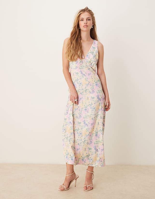 asos YAS satin v neck maxi dress in meadow floral print