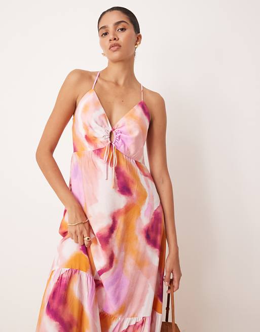 Asos YAS Strap Detail Maxi Dress In Pink Blur Print