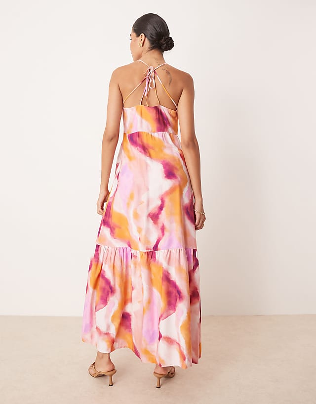 Asos YAS Strap Detail Maxi Dress In Pink Blur Print