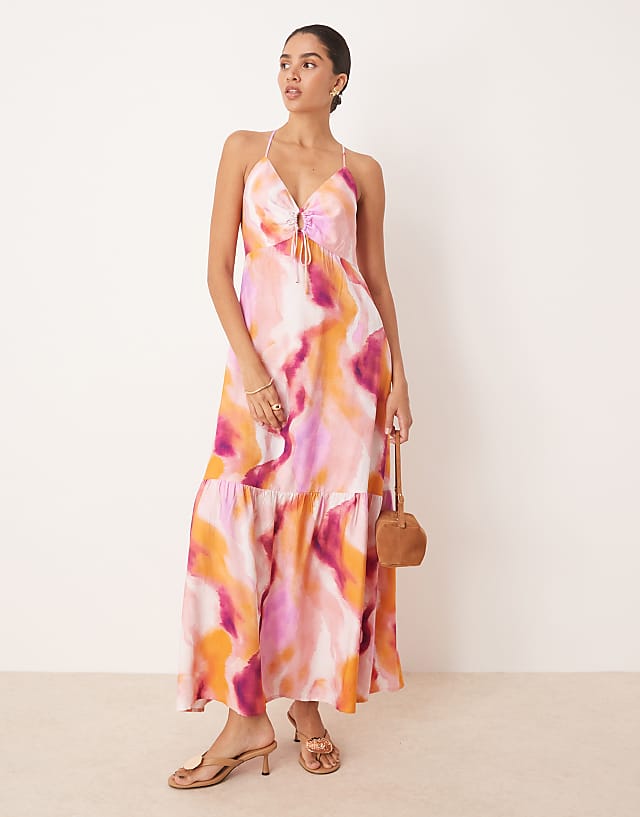 asos YAS strap detail maxi dress in pink blur print