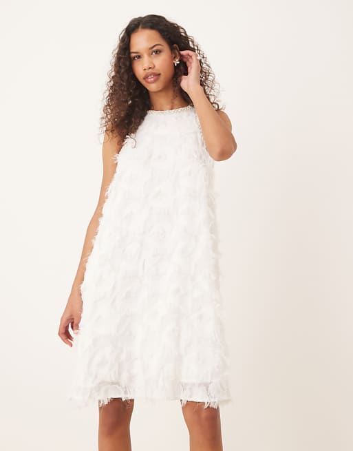 Asos YAS Textured Racer Neck Mini Dress With Pearl Embellished Trim In White