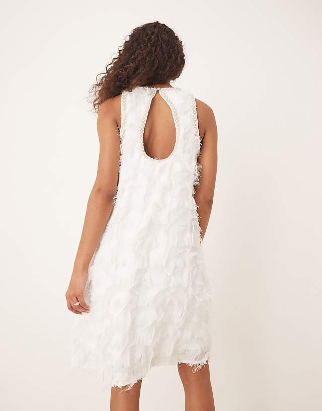 Asos YAS Textured Racer Neck Mini Dress With Pearl Embellished Trim In White