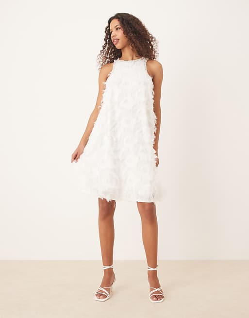 asos YAS textured racer neck mini dress with pearl embellished trim in white