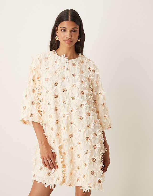 Asos YAS Textured Smock Mini Dress With Sequin Embellishment In Cream