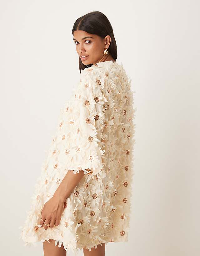 Asos YAS Textured Smock Mini Dress With Sequin Embellishment In Cream
