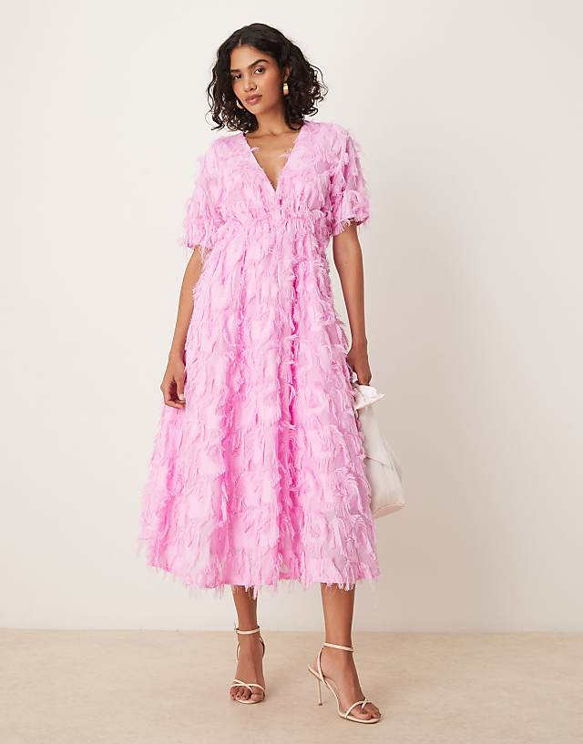 asos YAS textured v neck midi dress in pastel lavendar