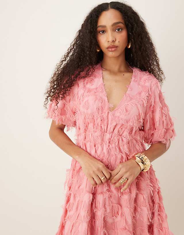 Asos YAS Textured V Neck Mini Dress In Bubblegum Pink