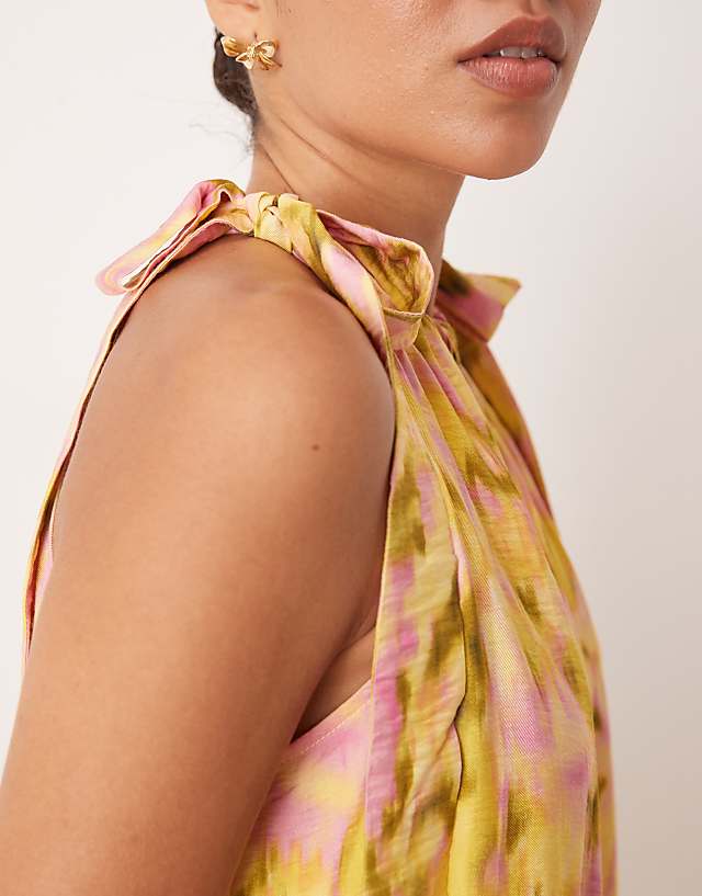 Asos YAS Tie Shoulder Tiered Hem Detail Maxi Dress In Pink And Green Blurred Floral Print