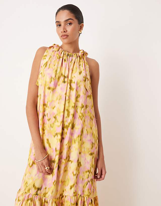 Asos YAS Tie Shoulder Tiered Hem Detail Maxi Dress In Pink And Green Blurred Floral Print