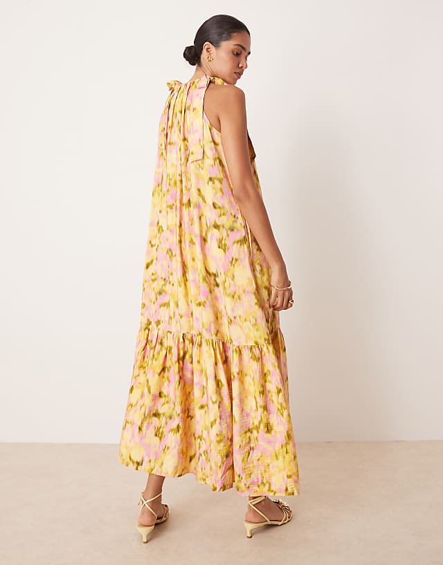 Asos YAS Tie Shoulder Tiered Hem Detail Maxi Dress In Pink And Green Blurred Floral Print