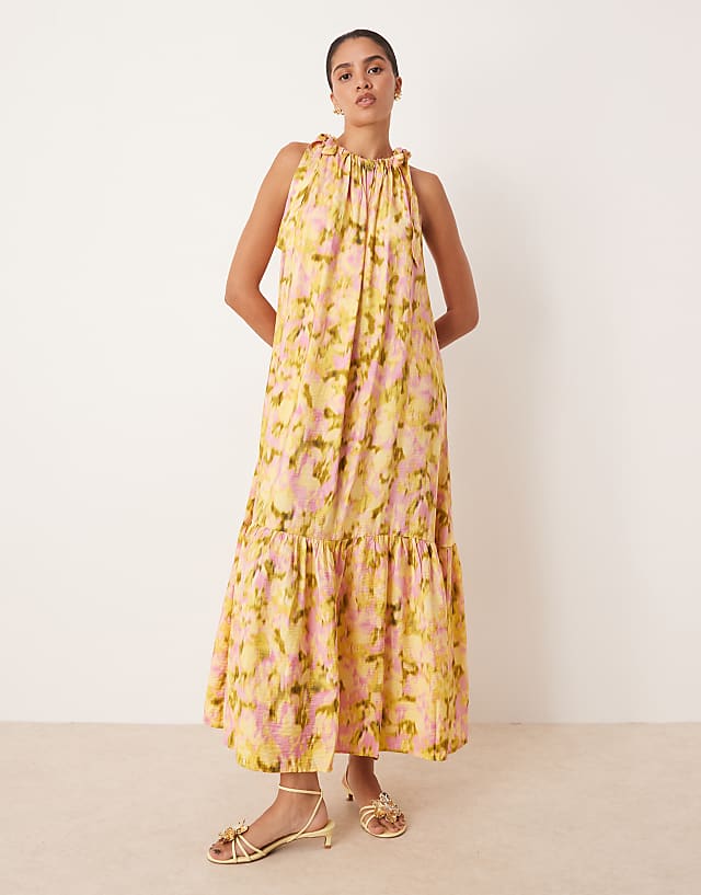 asos YAS tie shoulder tiered hem detail maxi dress in pink and green blurred floral print