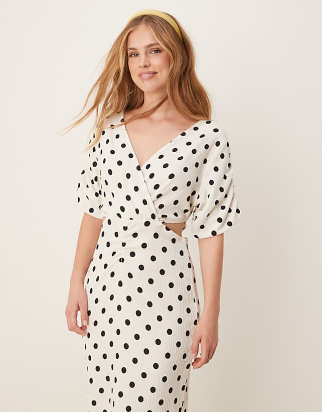 Asos YAS Wrap Cut Out Detail Maxi Dress In White And Black Polka Dot