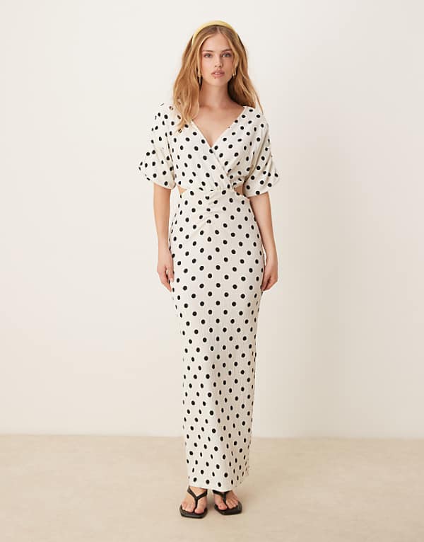 asos YAS wrap cut out detail maxi dress in white and black polka dot
