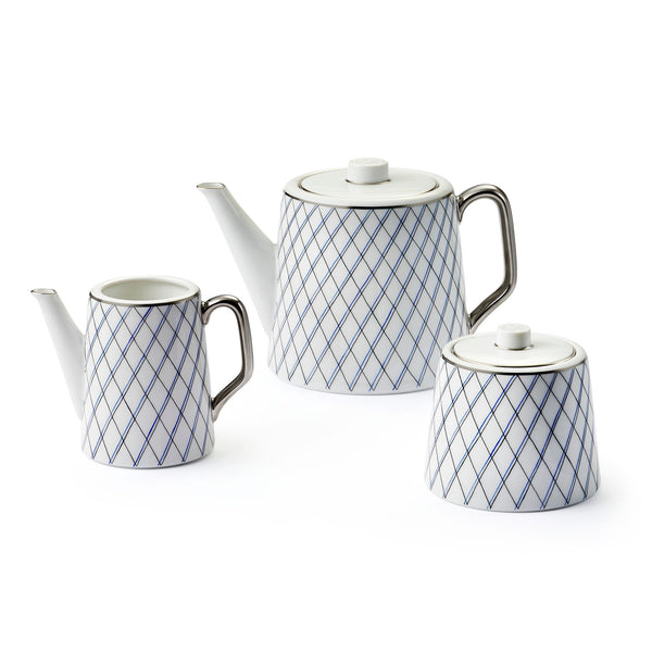 asprey Crosshatch Teapot Sugar Bowl & Creamer