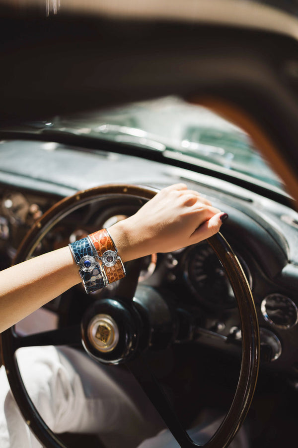 Asprey Bond Street Wide Button Cuff In Crocodile With Palladium Finish