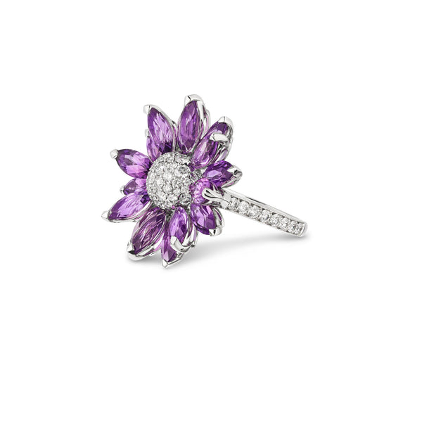 asprey Daisy Medium Ring In 18ct White Gold With Amethyst And Diamonds