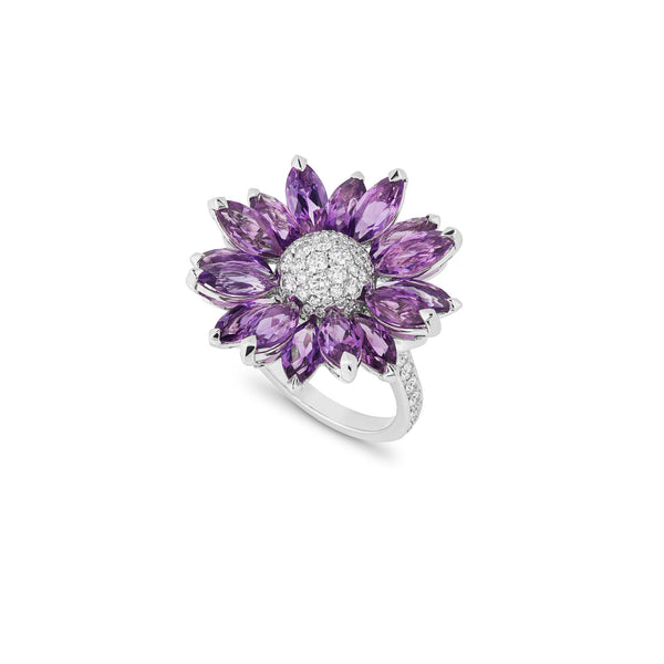 asprey Daisy Medium Ring in 18ct White Gold with Amethyst and Diamonds