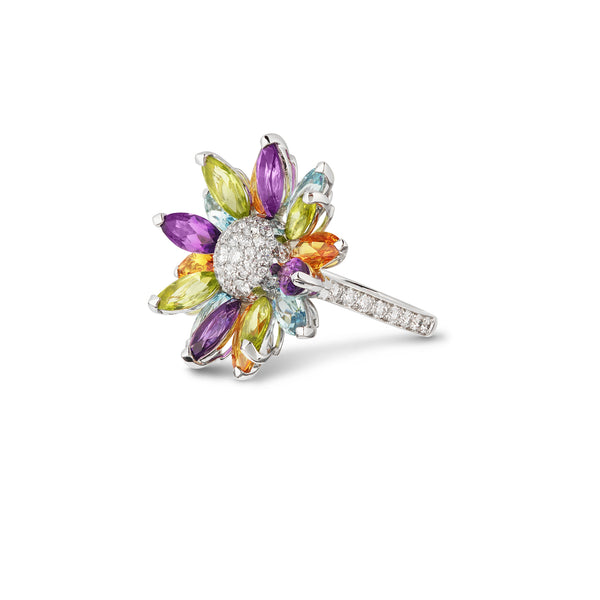 Asprey Daisy Medium Ring In 18ct White Gold With Multicoloured Gemstones