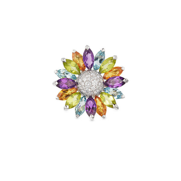 Asprey Daisy Medium Ring In 18ct White Gold With Multicoloured Gemstones