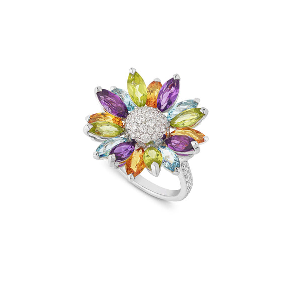 asprey Daisy Medium Ring in 18ct White Gold with Multicoloured Gemstones