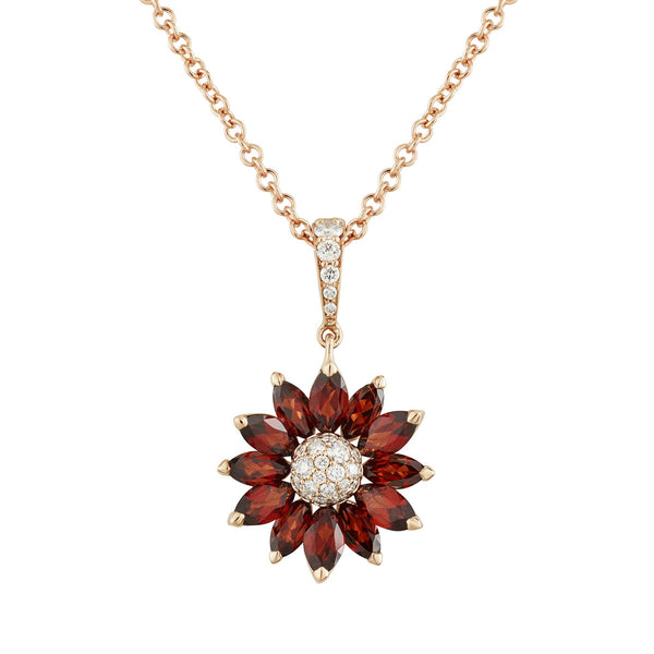 asprey Daisy Small Pendant in 18ct Rose Gold with Garnet and Diamonds
