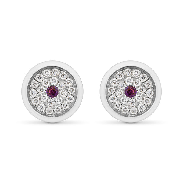asprey Mini 167 Button Earrings in 18ct White Gold with Amethyst and Diamonds