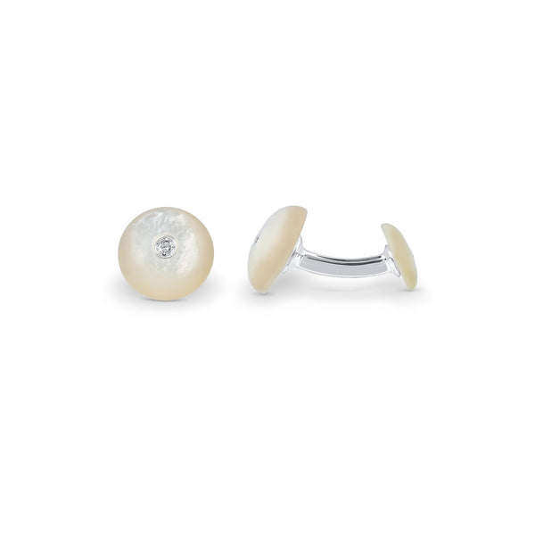 Asprey Round Mother Of Pearl Cufflinks With Diamond In Sterling Silver