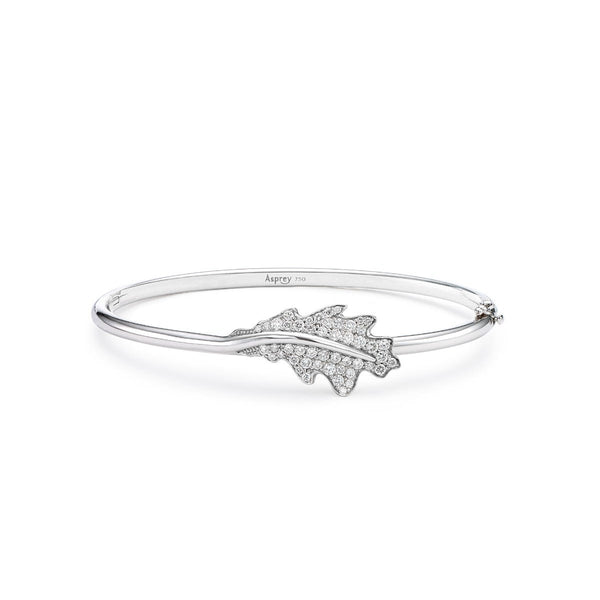 asprey Woodland Single Oak Leaf Bangle in 18ct White Gold with Diamonds