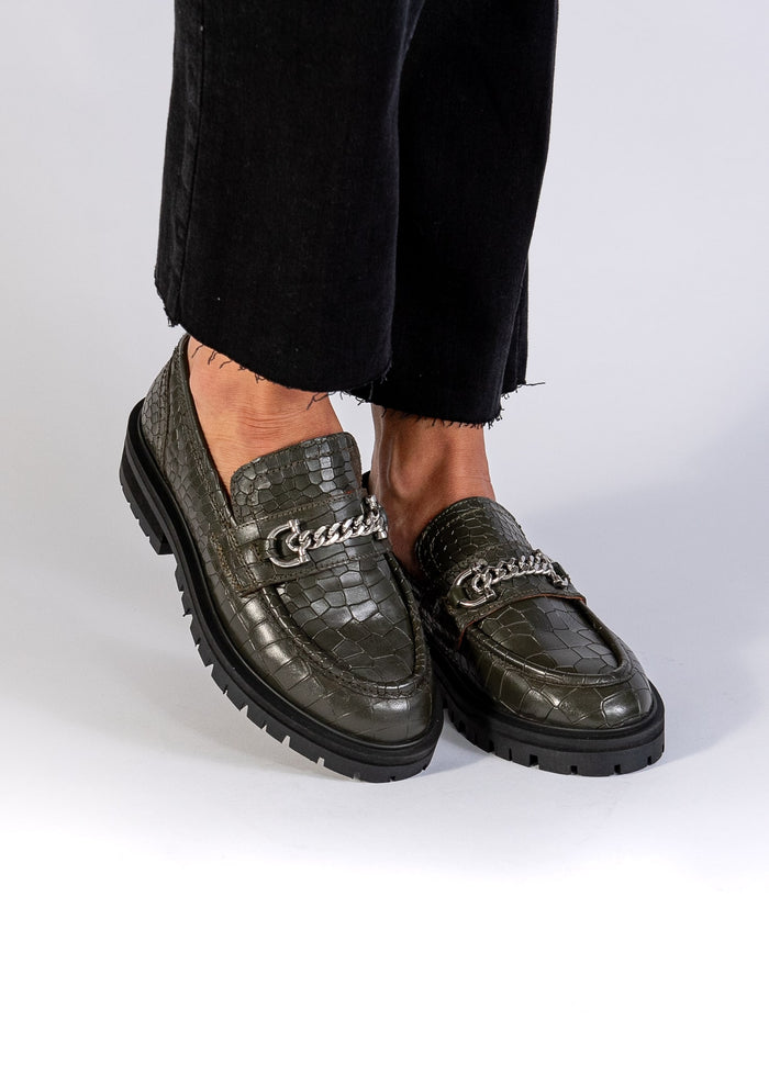 Asra Francine Army Green Croc Loafer