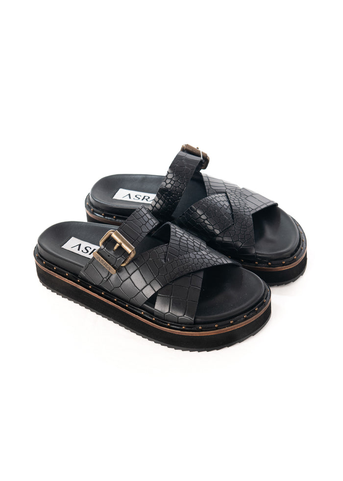 Asra Megan - Black Croc Leather Chunky Sandal
