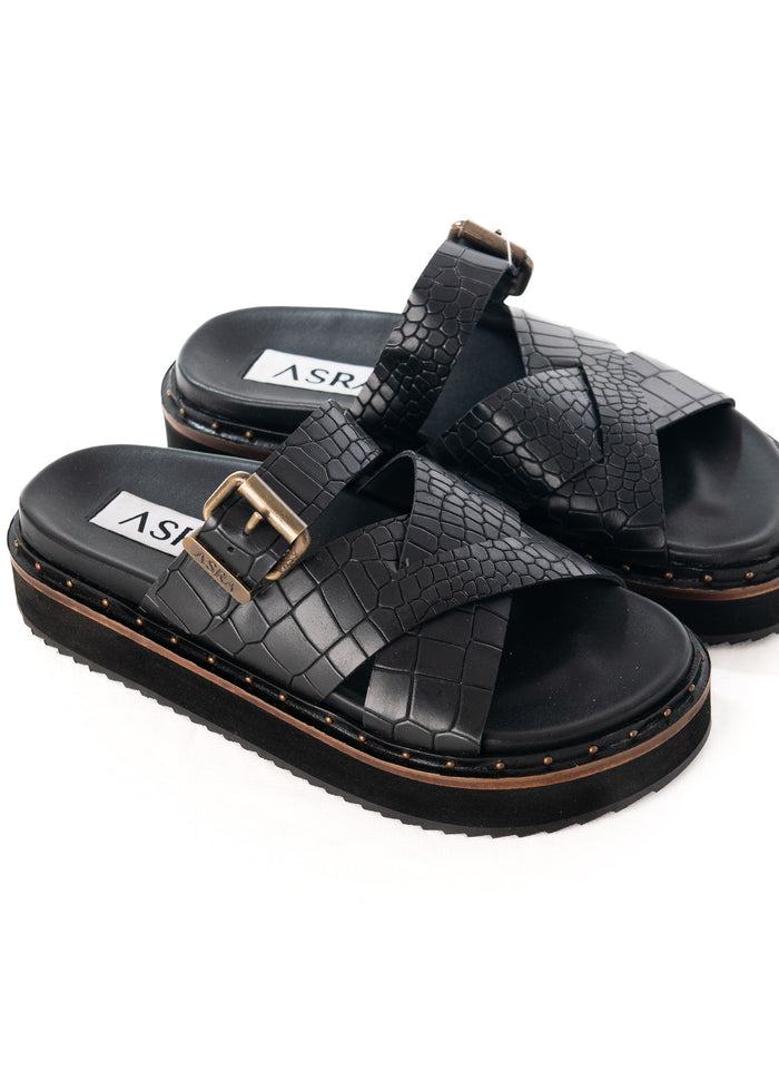 Asra Megan - Black Croc Leather Chunky Sandal