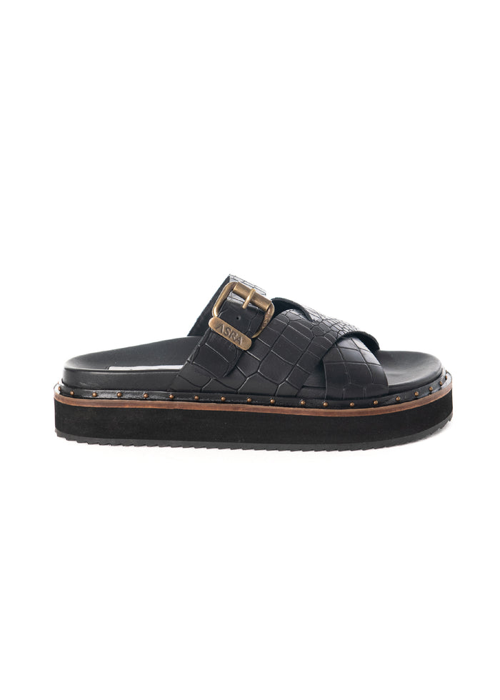 asra Megan - Black Croc Leather Chunky Sandal