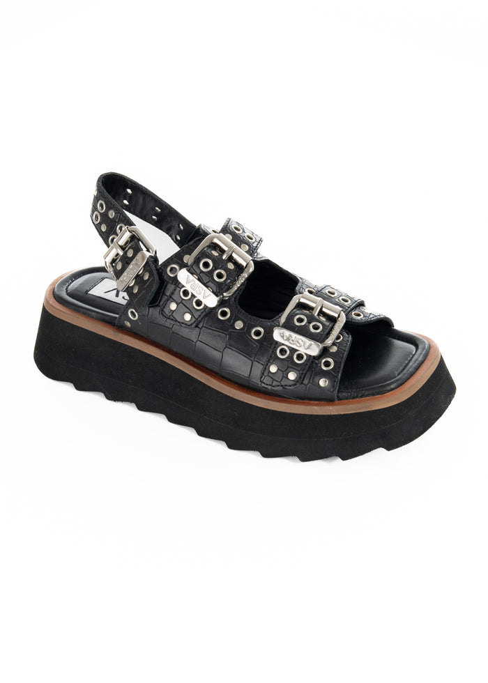 Asra Sabre - Black Croc Leather Chunky Sandal