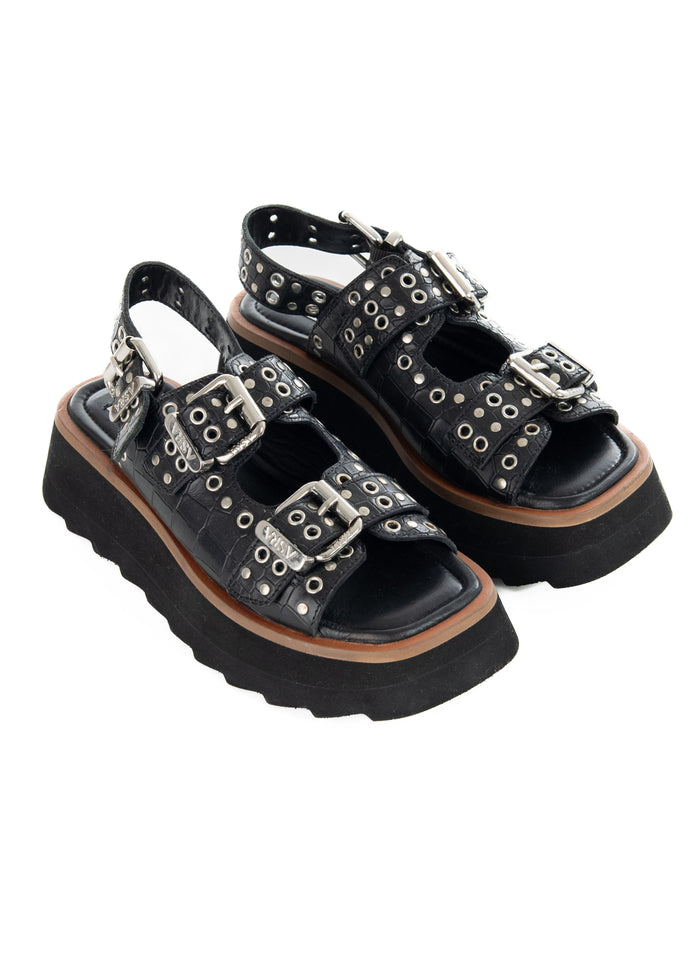 Asra Sabre - Black Croc Leather Chunky Sandal