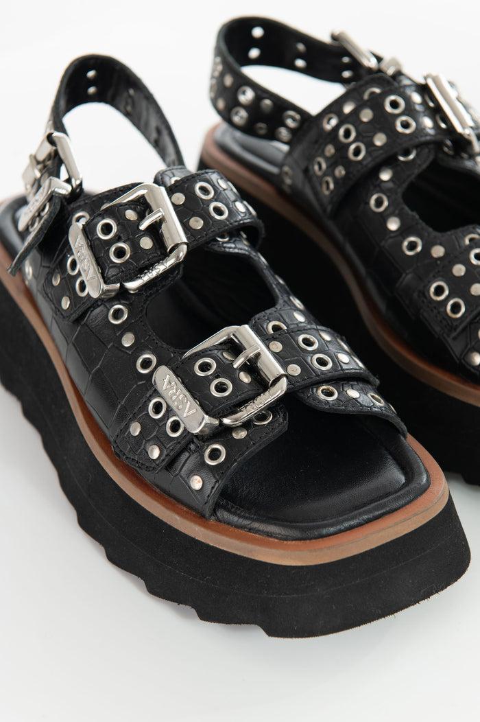 Asra Sabre - Black Croc Leather Chunky Sandal