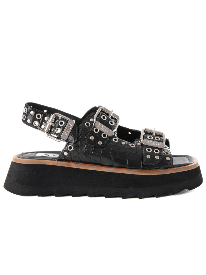 asra Sabre - Black Croc Leather Chunky Sandal