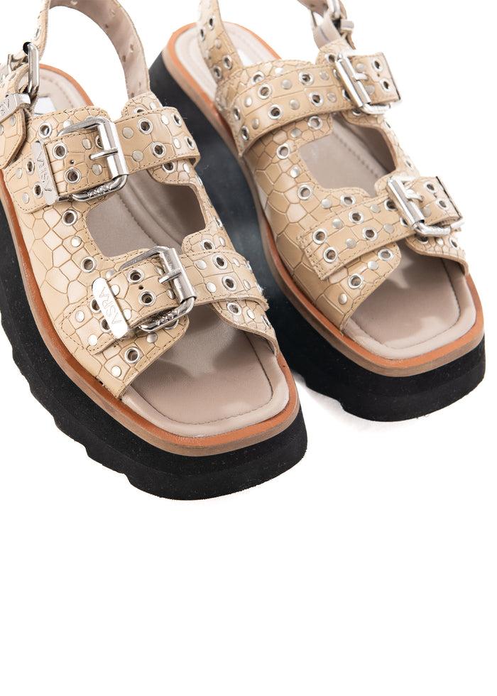 Asra Sabre - Latte Croc Leather Chunky Sandal