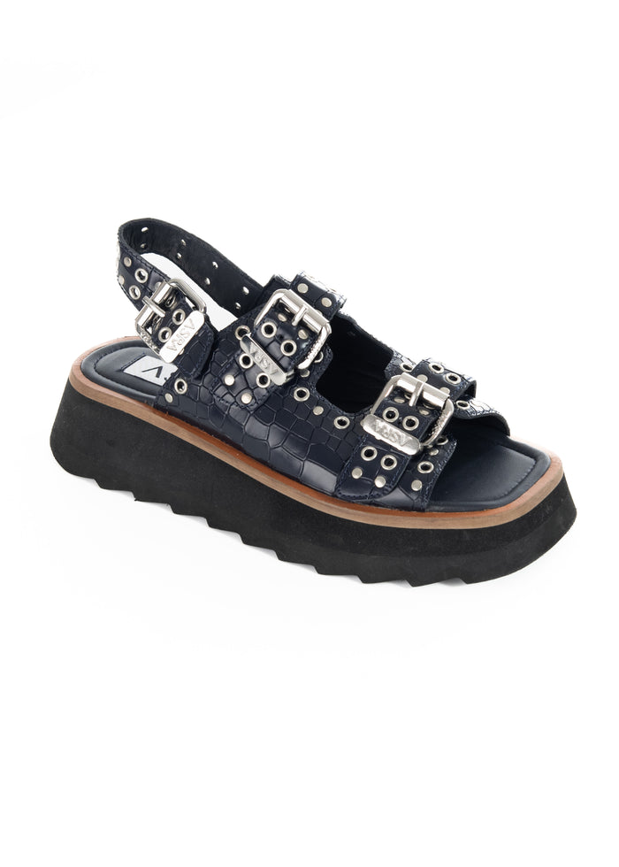 Asra Sabre - Navy Croc Leather Chunky Sandal