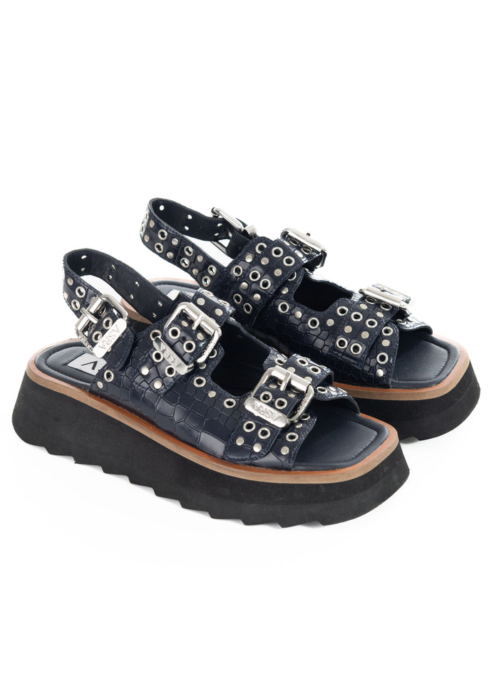 Asra Sabre - Navy Croc Leather Chunky Sandal