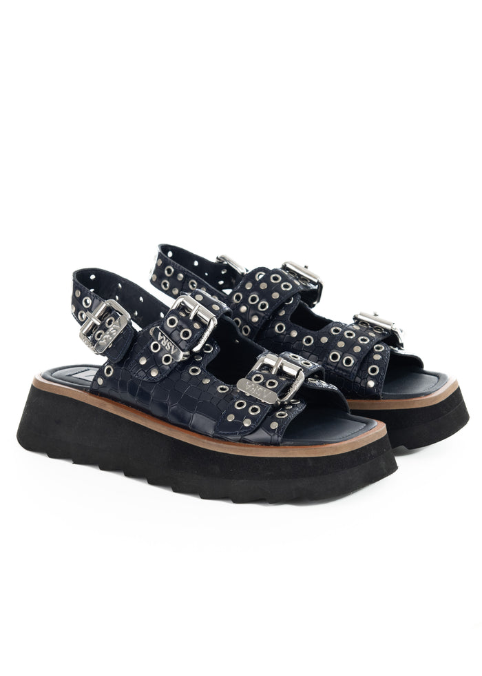 Asra Sabre - Navy Croc Leather Chunky Sandal