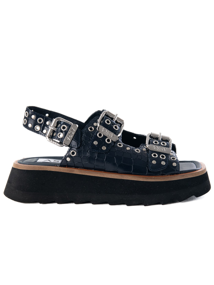 asra Sabre - Navy Croc Leather Chunky Sandal