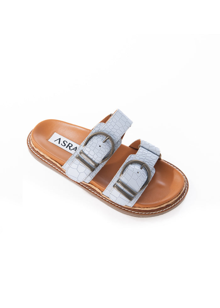 Asra Maggie - Pastel Ice Blue Croc Leather Flat Sandal