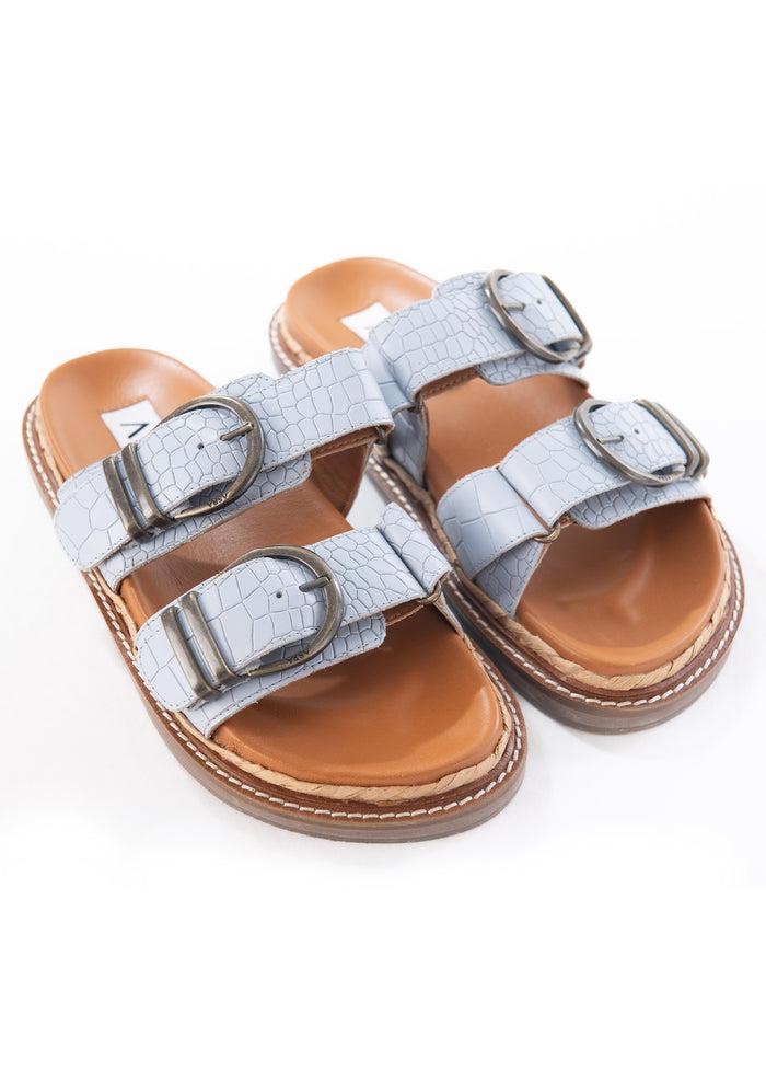 Asra Maggie - Pastel Ice Blue Croc Leather Flat Sandal
