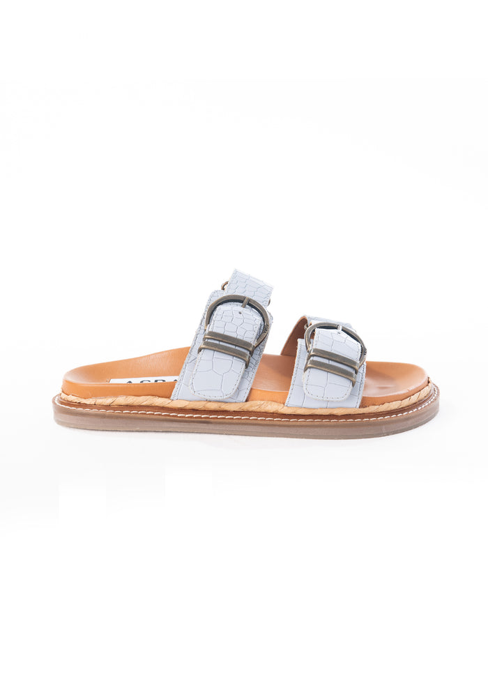 asra Maggie - Pastel Ice Blue Croc Leather Flat Sandal