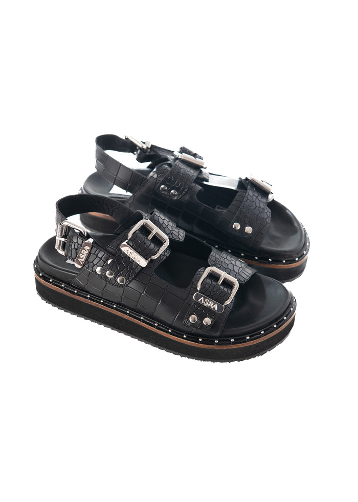 Asra Sami - Black Croc Leather Sandal With Double Buckle