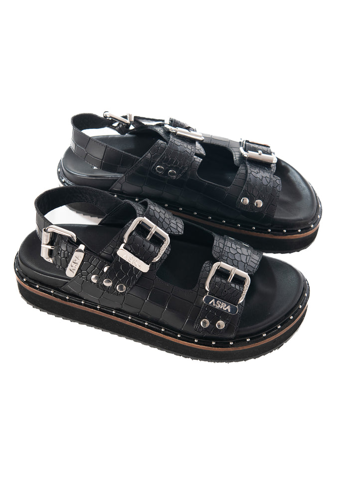 Asra Sami - Black Croc Leather Sandal With Double Buckle