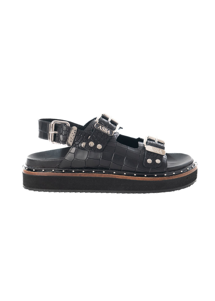 asra Sami - Black Croc Leather Sandal with Double Buckle