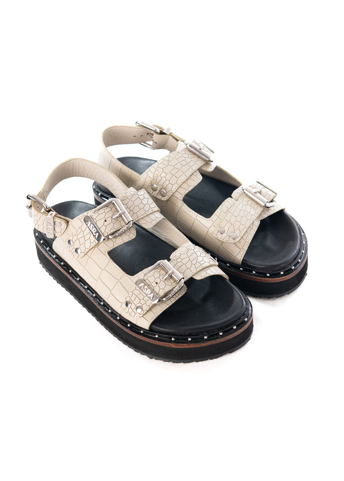 Asra Sami - Rice White Croc Leather Sandal With Double Buckle