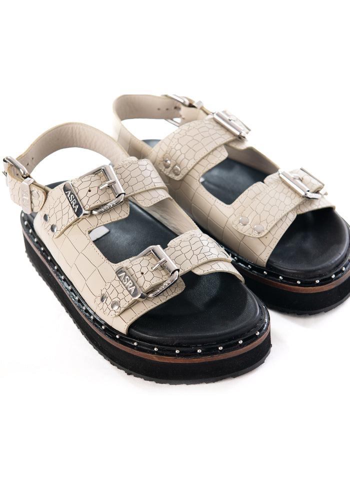 Asra Sami - Rice White Croc Leather Sandal With Double Buckle