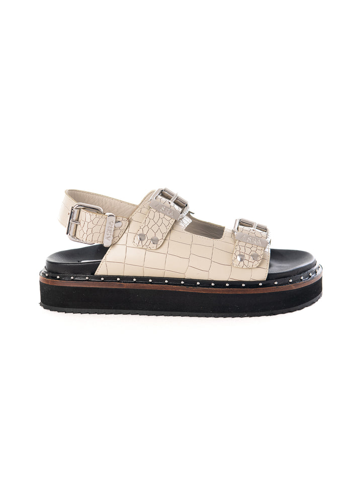 asra Sami - Rice White Croc Leather Sandal with Double Buckle